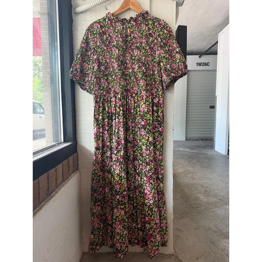 Crown & Ivy Floral Smocked Tiered Maxi Dress Pink Green Cotton Short Sleeve XXL - Picture 5 of 9